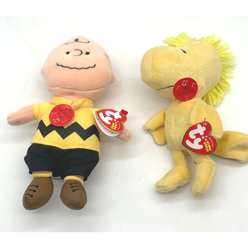 Ty Beanie Babies Plush Set Charlie Brown Woodstock Yellow Musical Squeeze 2pc